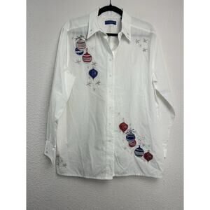 VTG Karen Scott Holiday Button Up Embroidered Shirt Womens Sz‎ L White Christmas